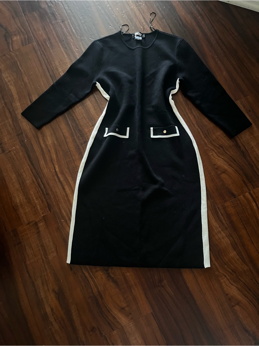 New DKNY Black Midi Dress with White Trim size L